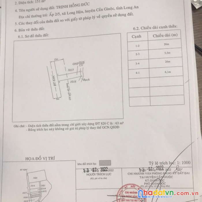 Chính chủ cần bán gấp lô đất có sẵn nhà cấp 4 mặt tiền đường tỉnh 826c