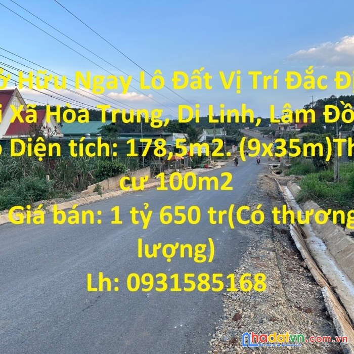 Sở hữu ngay lô đất vị trí đắc địa tại xã hòa trung, di linh, lâm đồng