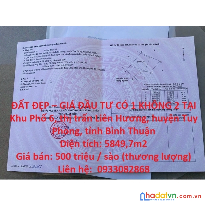 Đất đẹp – giá đầu tư có 1 không 2 tại  thị trấn liên hương, tuy phong