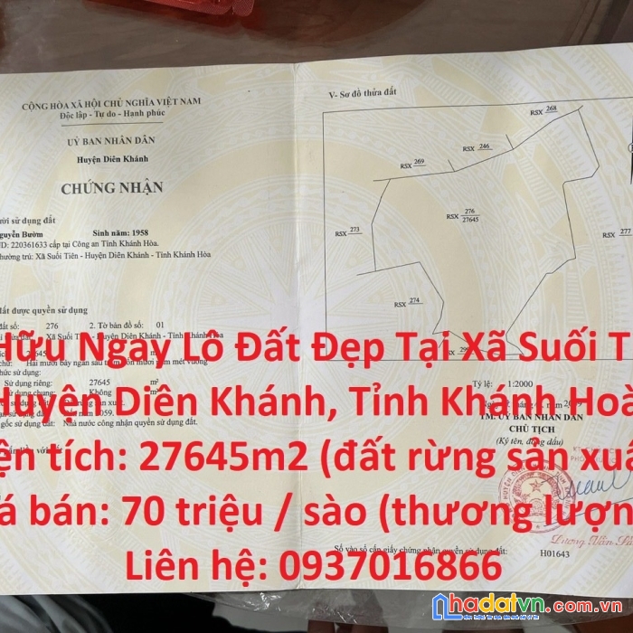 Sở hữu ngay lô đất đẹp tại xã suối tiên, huyện diên khánh, tỉnh khánh hoà
