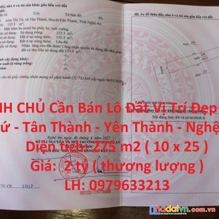 Chính chủ cần bán lô đất vị trí đẹp tại thị tứ - tân thành - yên thành - nghệ an