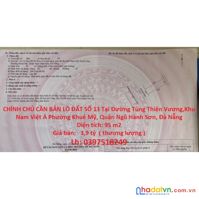 Chính chủ cần bán lô đất số 13 tại đường tùng thiện vương,khu nam việt á, đà nẵng
