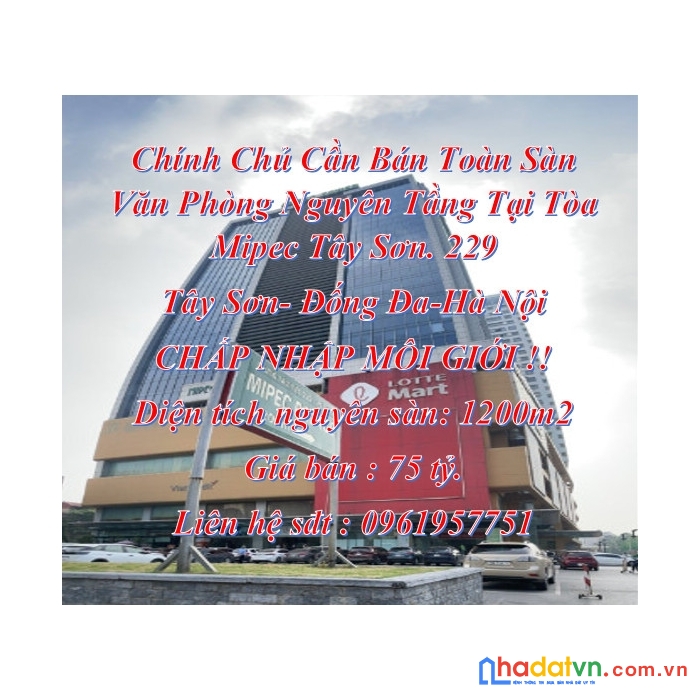 Chính chủ cần bán toàn sàn văn phòng nguyên tầng tại tòa mipec tây sơn, 229 tây sơn- đống đa-hà nội
