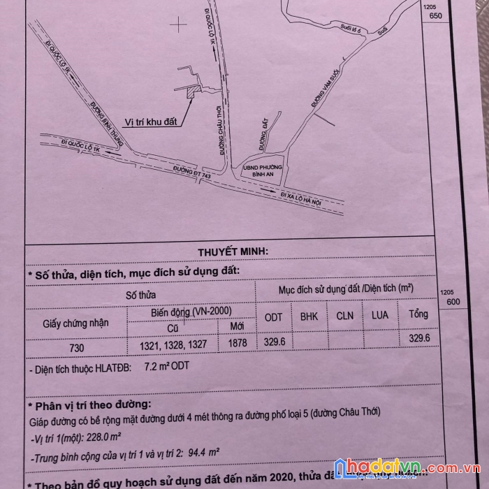 Bán đất diện tích 329m2 giá bán 7, 2 tỷ vị trí đẹp đường châu thới, dĩ an, bình dương