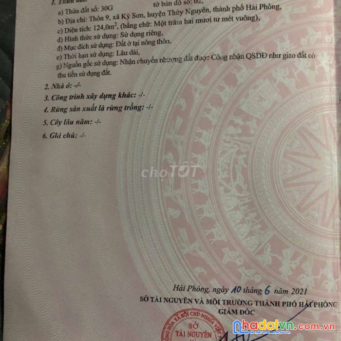 Chính chủ cần bán gấp lô đất ở thôn 9 kỳ sơn, thủy nguyên, hải phòng.