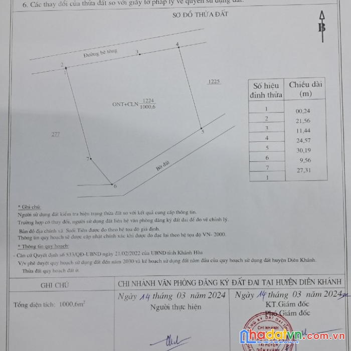 Bán 1000m2 ngang 33m có thổ giá tốt suối tiên diên khánh lh 