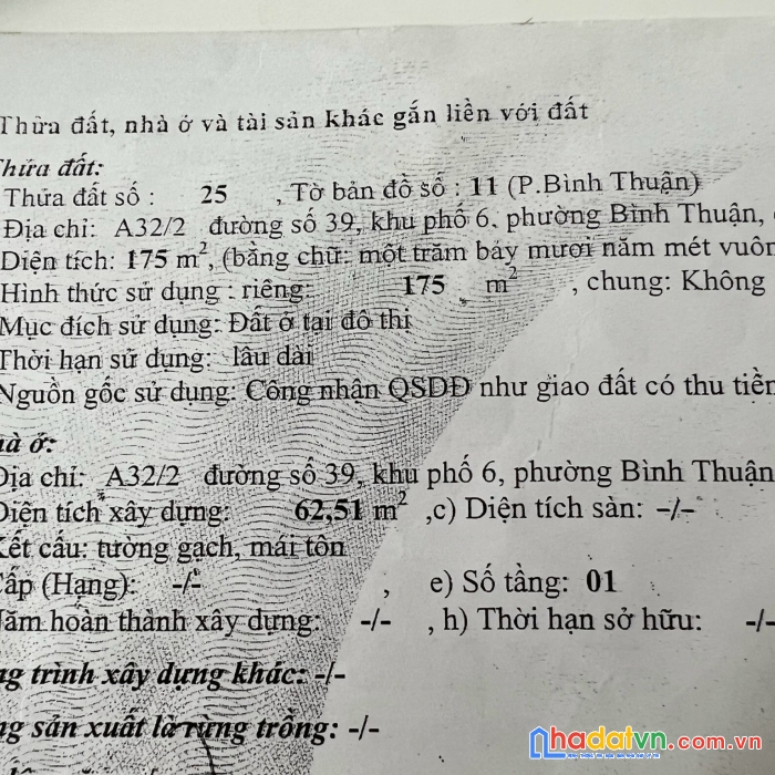 Bán nhà cấp 4 mặt tiền đường số 39 , quận 7