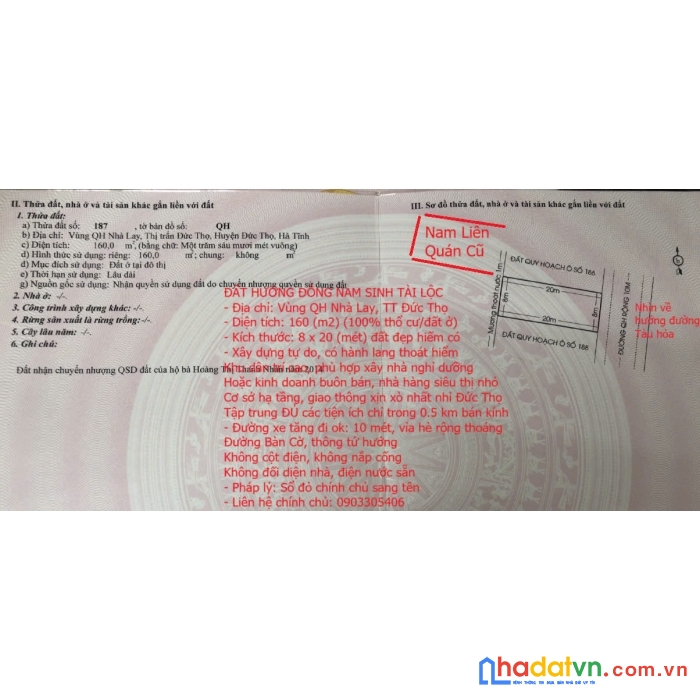 Đất hướng đông nam sinh tài lộc, vùng qh nhà lay, tt đức thọ
