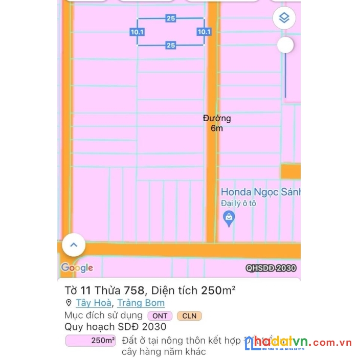 Bán đất thổ gần quốc lộ, khu vực tây hoà, trảng bom, 10x25m