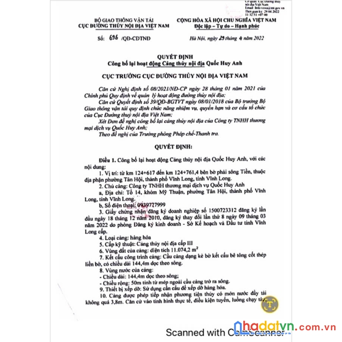 Cho thuê cảng quốc huy anh - phường tân hội - vĩnh long