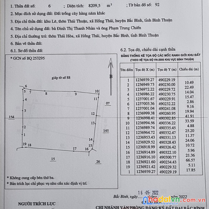 Đất hồng thái bắc bình giá 125k/m2 diện tích 8209m2 sẳn sổ công chứng ngay