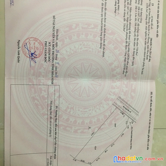 Chính chủ cần bán gấp 1358m có hơn 600m thổ cư mặt đường liên xã nam phong, cao phong, hòa bình