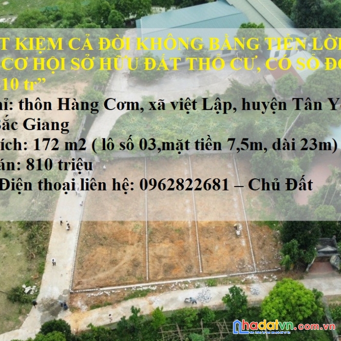 Chính chủ bán đất 172 m2 tại việt lập, tân yên, bắc giang