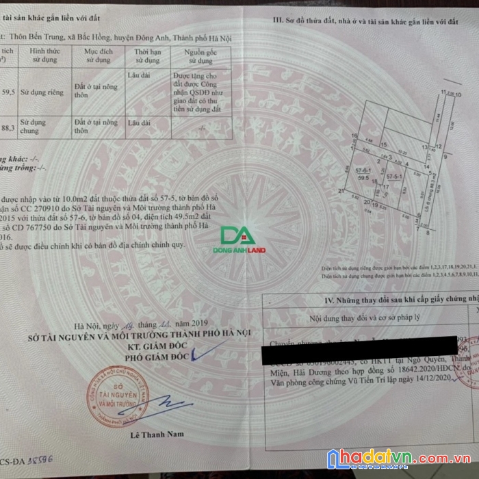 Bán nhà đất xã bắc hồng đông anh hà nội 59.5m2 thôn bến trung ( nhà cấp 4)