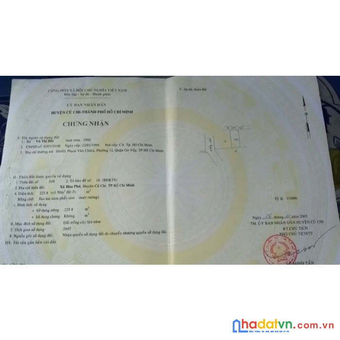 Cần bán đất ở thổ cư 225.8m2 xã hòa phú, huyện củ chi, tp.hcm giá 2,3 tỷ