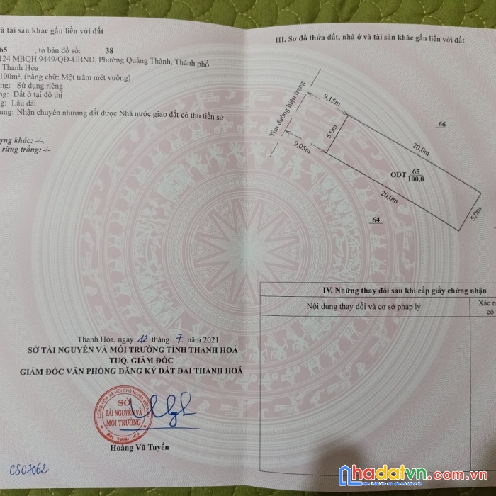 Cần chuyển nhượng lô đất mb 9449 phường quảng thành