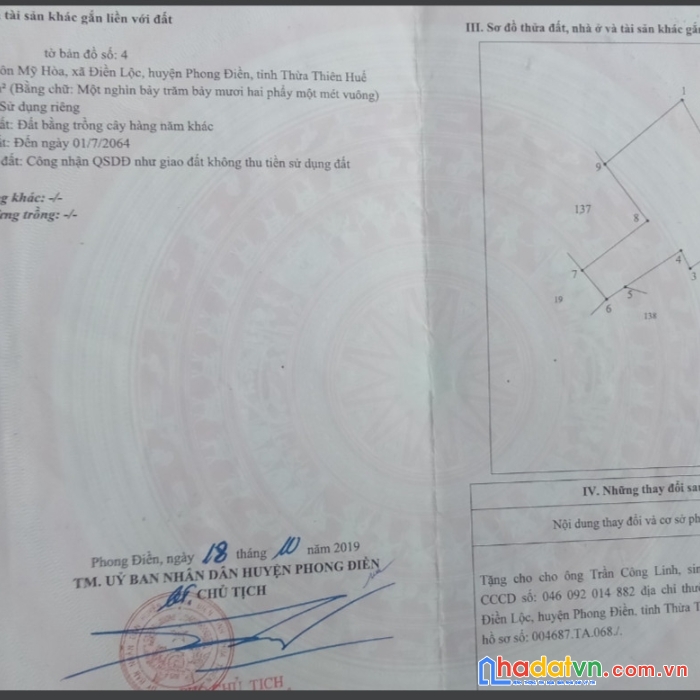 Cần bán đất trồng cây tại xã điền lộc, huyện phong điền, tỉnh thừa thiên huế