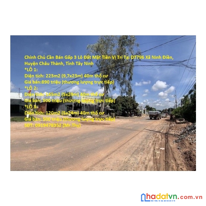 Chính chủ cần bán gấp 3 lô đất mặt tiền vị trí tại huyện châu thành -tỉnh tây ninh