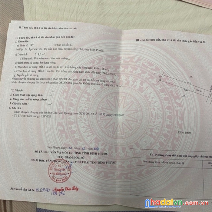 Bán đất riêng 218m2 sẵn có 40m odt kcn bắc đồng phú - bình phước