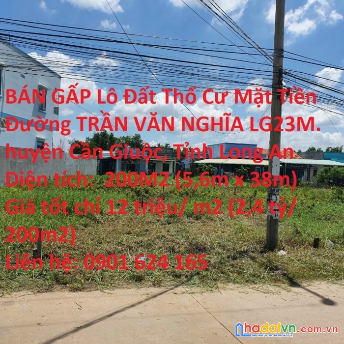 Bán gấp lô đất thổ cư mặt tiền đường trần văn nghĩa lg23m.