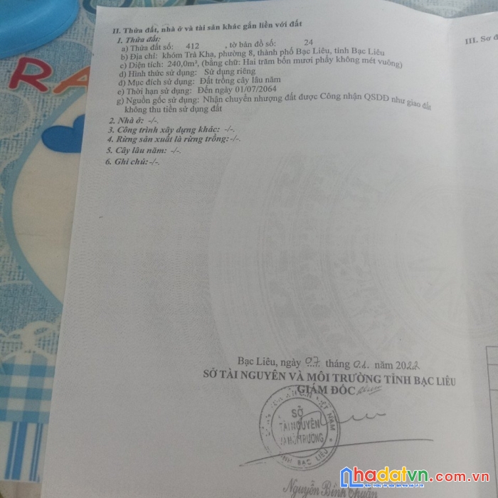 Bán gấp đất vị trí đẹp tại phường 8, tp bạc liêu