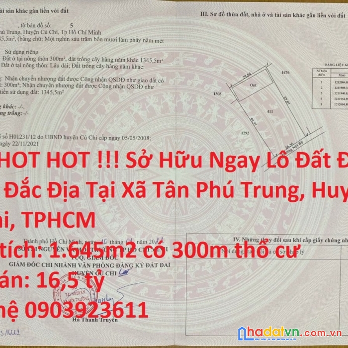 Hot hot hot !!! sở hữu ngay lô đất đẹp vị trí đắc địa tại xã tân phú trung, huyện củ chi, tphcm