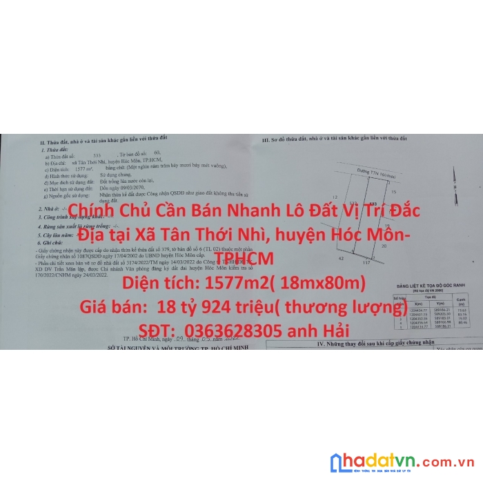 Chính chủ cần bán nhanh lô đất vị trí đắc địa tại huyện hóc môn, tphcm