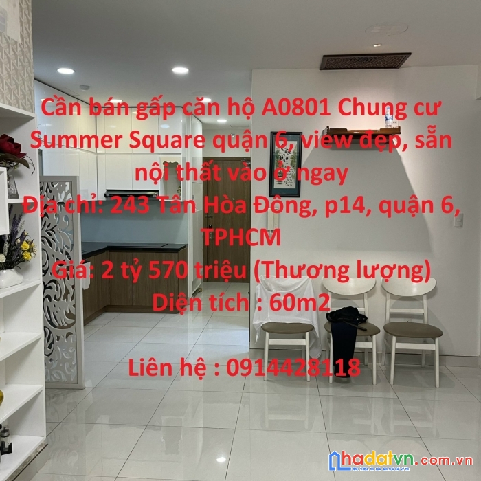 Cần bán gấp căn hộ a0801 chung cư summer square quận 6, view đẹp, sẵn nội thất vào ở ngay