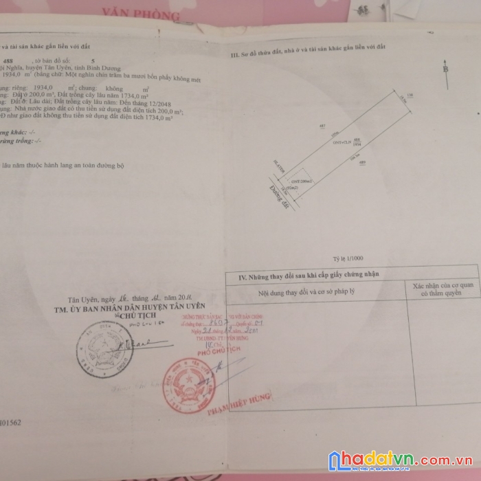 Cần bán đất có dt 1934 m2 ( tổng 2 thửa đất ) nằm tại xã hội nghĩa –huyện tân uyên –tỉnh bình dương