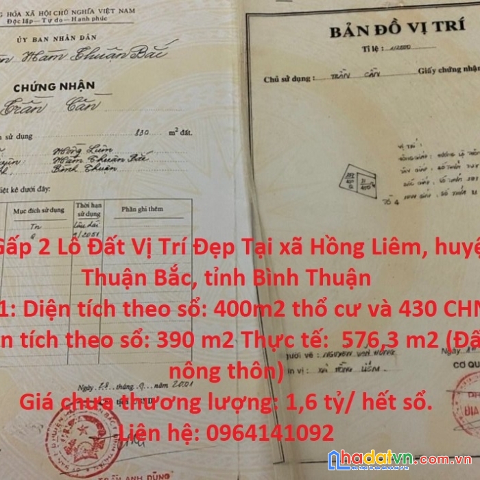 Cần bán gấp 2 lô đất vị trí đẹp tại xã hồng liêm, huyện hàm thuận bắc, tỉnh bình thuận