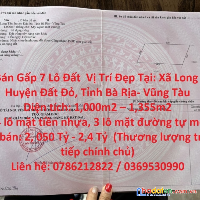 Cần bán gấp 7 lô đất  vị trí đẹp tại: xã long tân, huyện đất đỏ, tỉnh bà rịa- vũng tàu