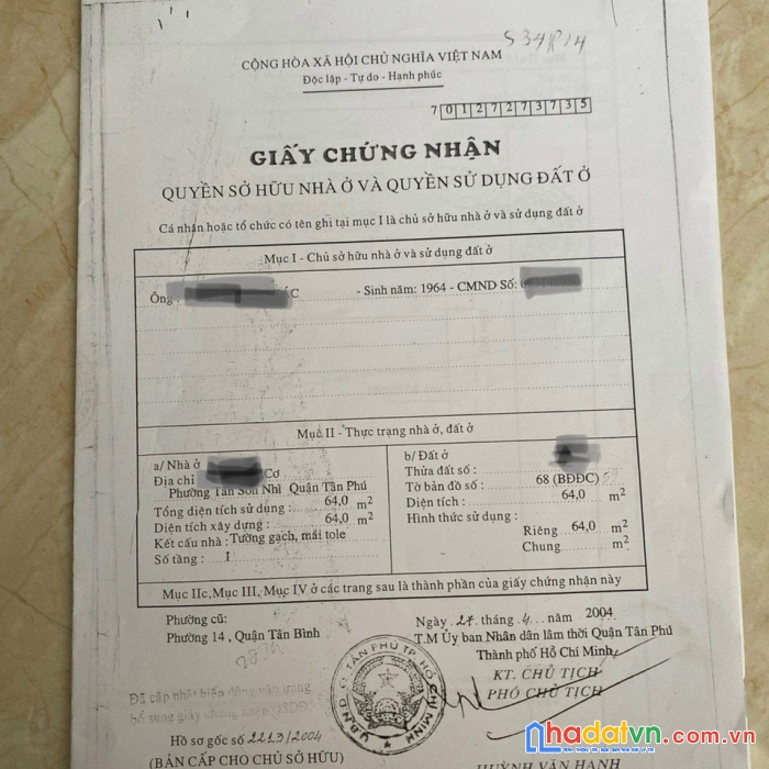 Bán nhà nát 64m2 đường  âu cơ phường tân sơn nhì tân phú hẻm xe hơi