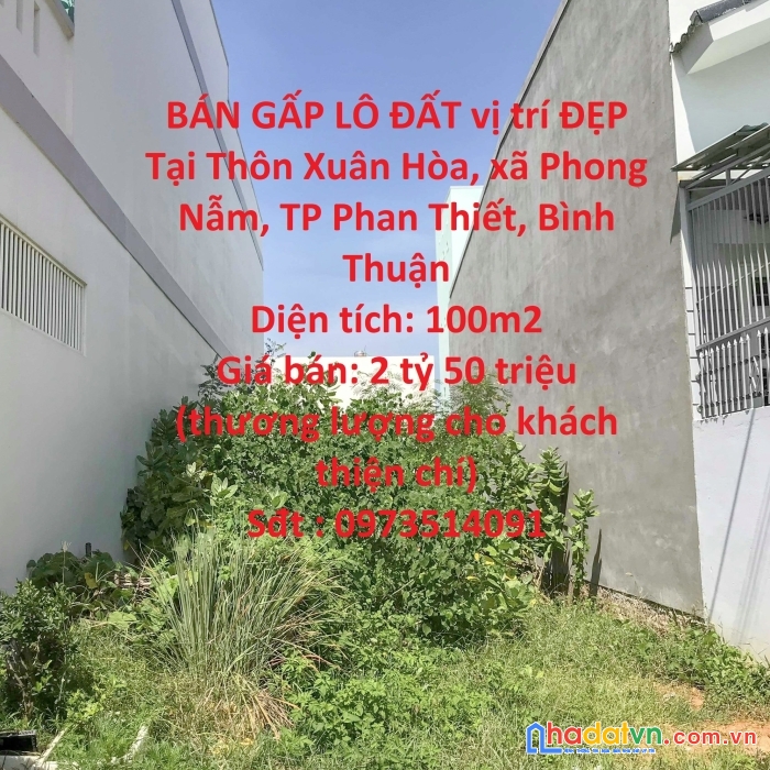 Bán gấp lô đất vị trí đẹp tại xã phong nẫm, tp phan thiết