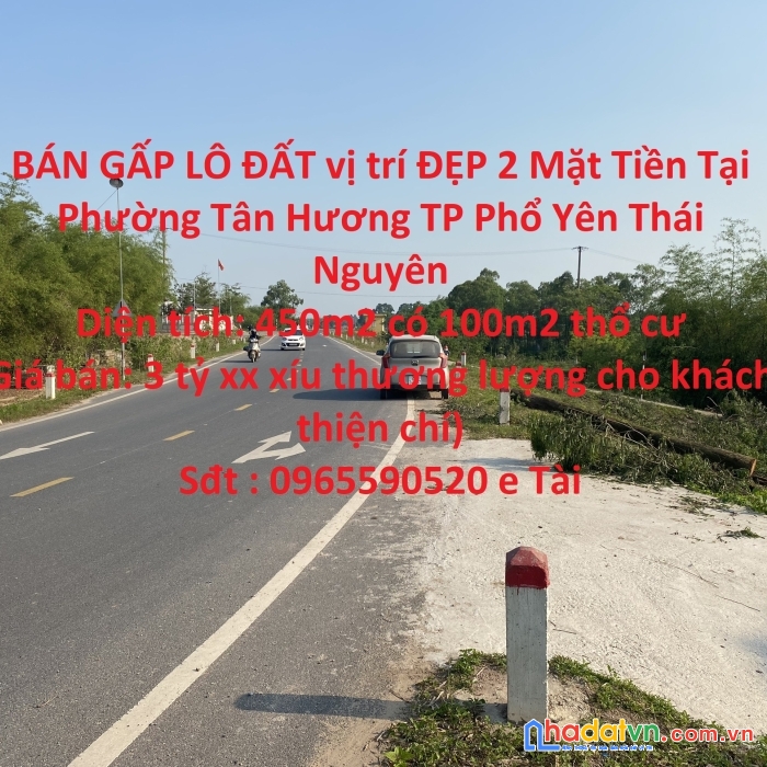 Bán gấp lô đất vị trí đẹp 2 mặt tiền tại phường tân hương tp phổ yên thái nguyên
