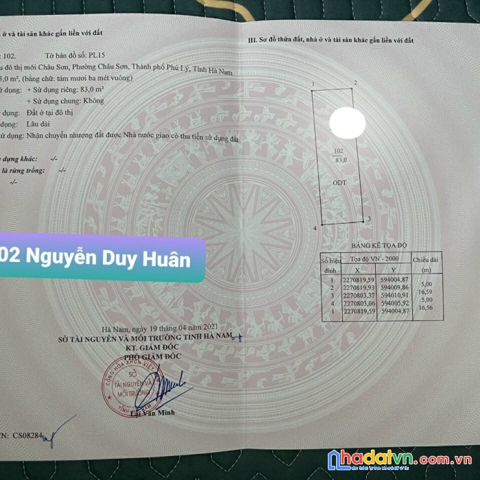 Chính chủ cần tiền bán nhanh lô đất tại khu đô thị mới châu sơn - tp  phủ lý – tỉnh hà nam