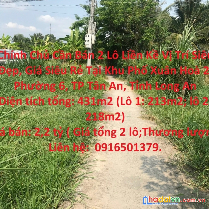 Chính chủ cần bán 2 lô liền kề vị trí siêu đẹp, giá siêu rẻ tại phường 6, tp tận an
