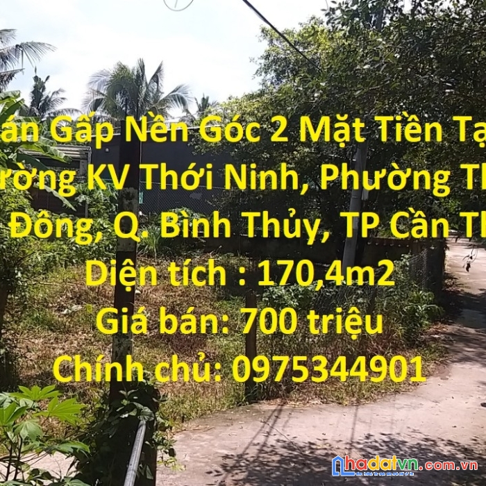 Bán gấp nền góc 2 mặt tiền tại phường thới an đông, bình thủy