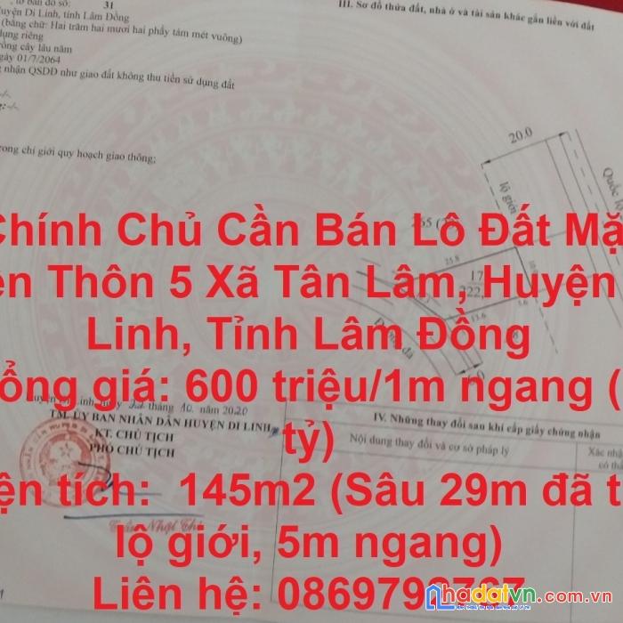 Chính chủ cần bán lô đất mặt tiền huyện di linh tại tỉnh lâm đồng