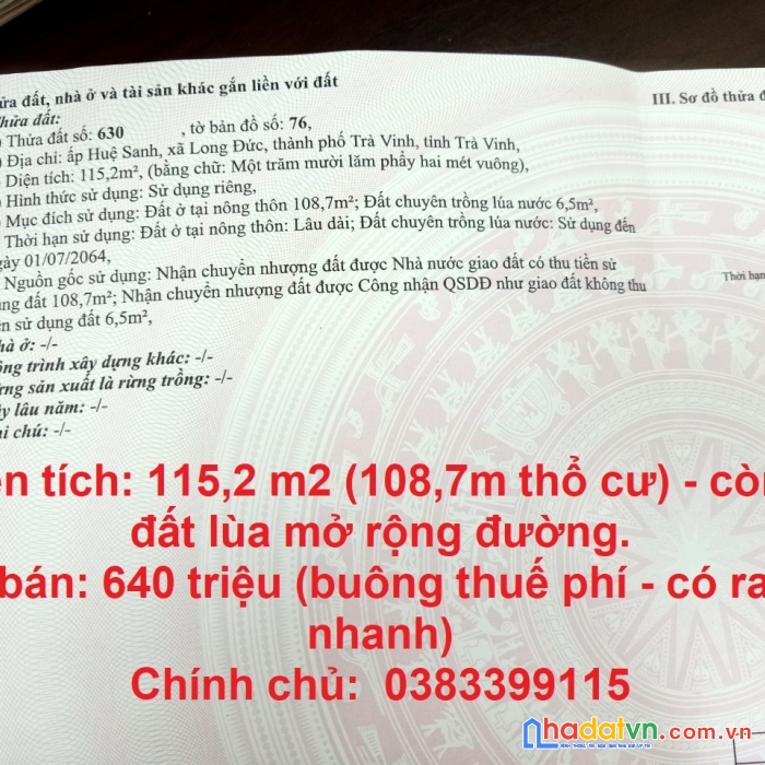 Sở hữu ngay lô đất đẹp vị trí đẹp tại xã long đức tp trà vinh