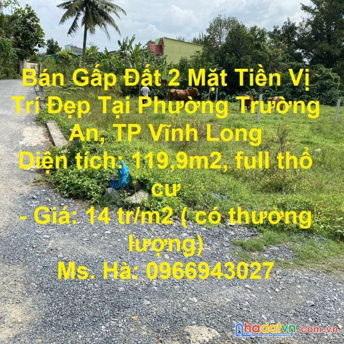 Bán gấp đất 2 mặt tiền vị trí đẹp tại phường trường an, tp vĩnh long
