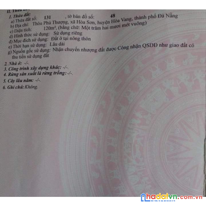 Chính chủ cần bán đất hòa sơn - đà nẵng