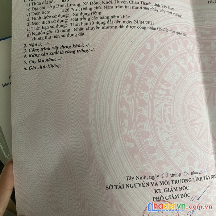 Chính chủ bán đất 526m2, đồng khởi, châu thành, tây ninh