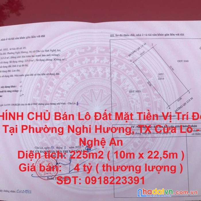 Chính chủ bán lô đất mặt tiền vị trí đẹp tại phường nghi hương, tx cửa lò - nghệ an