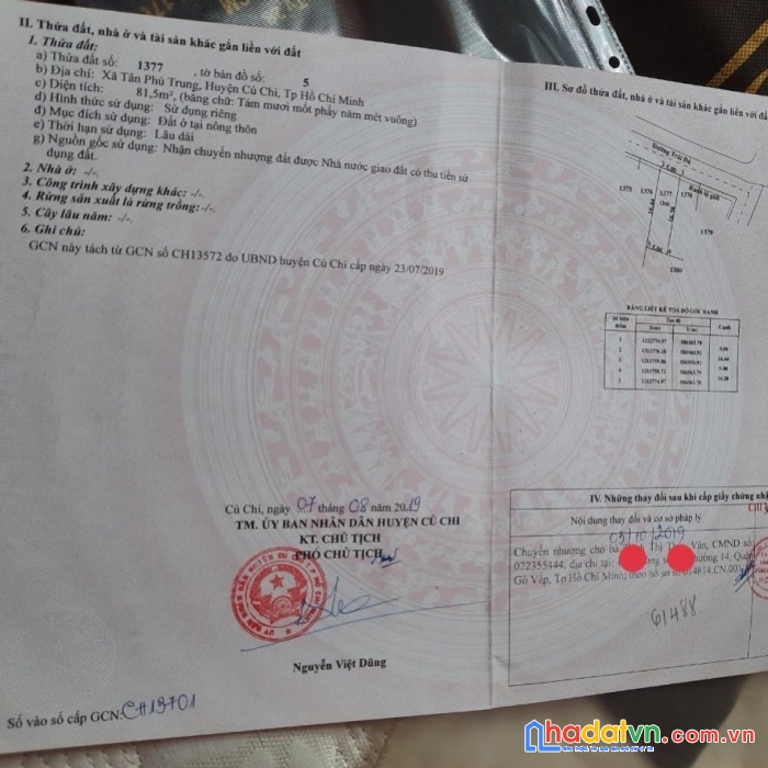 Bán đất ở 81m2,full thổ, sổ sẵn, 1tỷ66 tân phú trung, củ chi