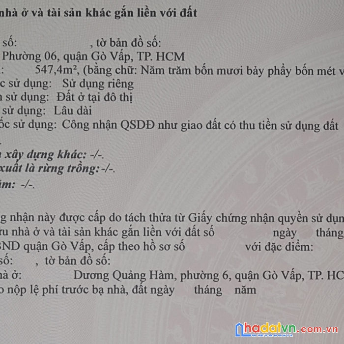 Bán lô đất thổ cư 547m2 hẻm nhựa 12m dqh giá 60 tỷ