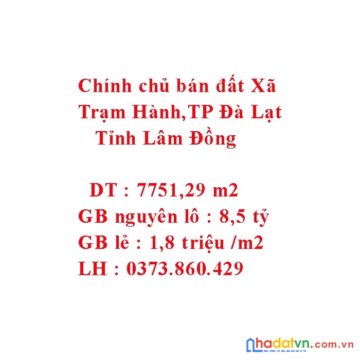 Chính chủ bán đất xã trạm hành,tp đà lạt,tỉnh lâm đồng