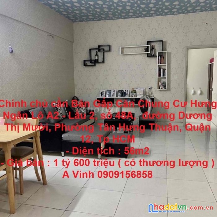 Chính chủ cần bán gấp căn chung cư hưng ngân quận 12 tp hcm