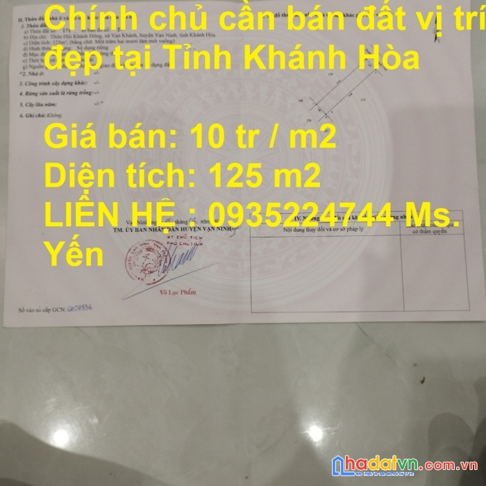 Chính chủ cần bán đất vị trí đẹp tại tỉnh khánh hòa