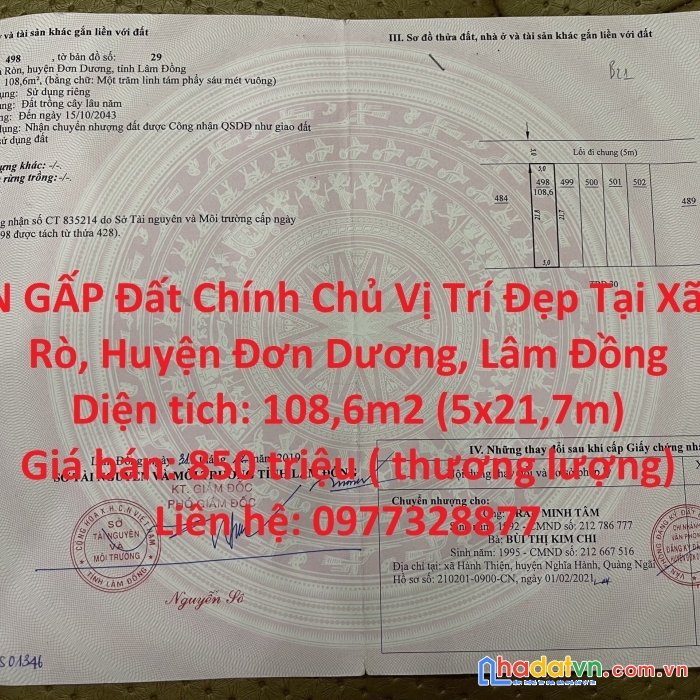 Bán gấp đất chính chủ vị trí đẹp tại xã đạ ròn, huyện đơn dương, lâm đồng