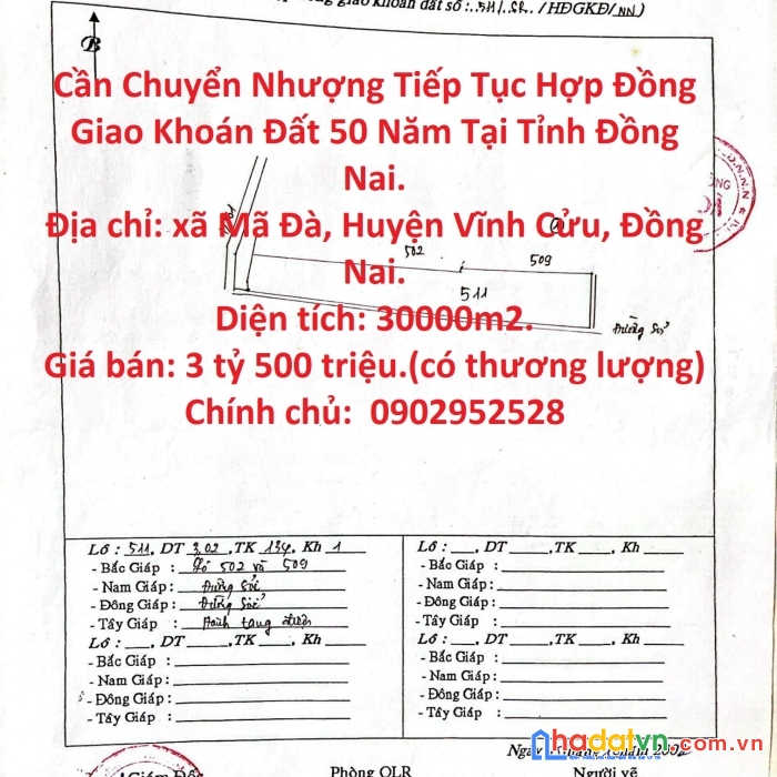 Cần chuyển nhượng tiếp tục hợp đồng giao khoán đất 50 năm tại tỉnh đồng nai.